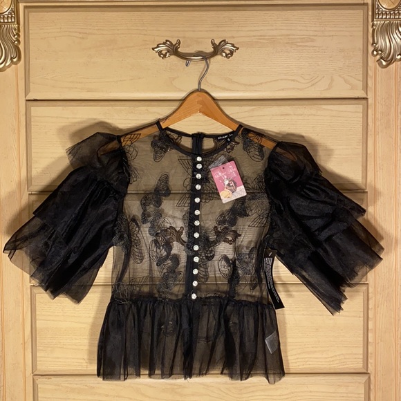 NWT Sister Jane Dream tiered flutter sleeve peplum rhinestone crystal blouse - Picture 6 of 16